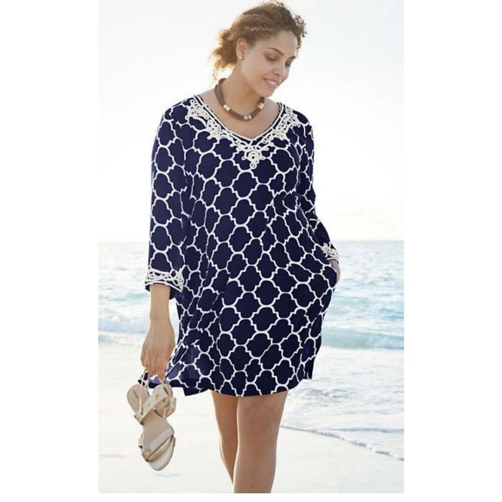 Lands' End small 6 8 navy blue beach swim cover up embellishment shift dress